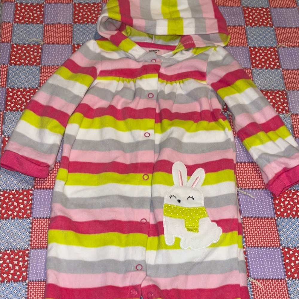 🎉Striped Pink, Green & Gray Kids Bunny Designed one piece outfit. Carter’s. E416
